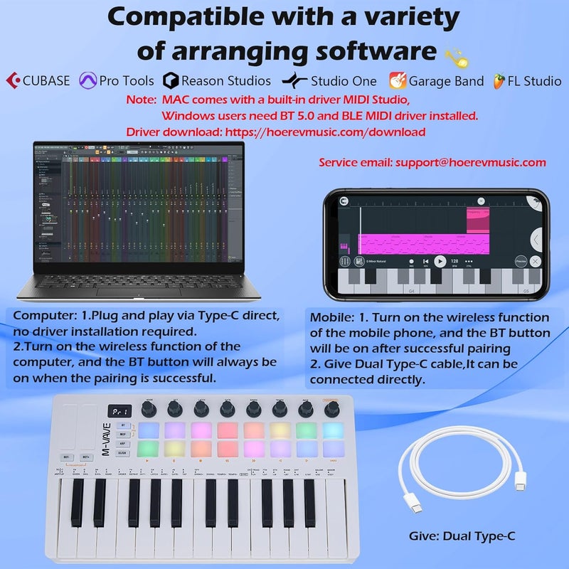 M-VAVE 25 مفتاح 16 وسادة درام مضاءة MIDI لوحة مفاتيح – صانع إيقاعات محترف و Keytar لإنتاج الموسيقى على لوحة المفاتيح مع بطارية مدمجة اتصال لاسلكي أبيض - Image 2